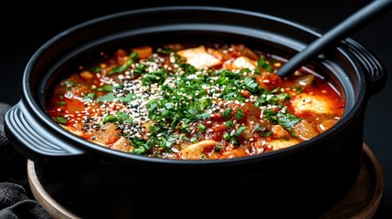 A hearty, vibrant, and steaming pot of a spicy stew with visible tofu and fresh herbs, served in a black bowl