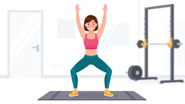 Woman performing sumo squat exercise with overhead reach in home gym to strengthen muscles and improve fitness