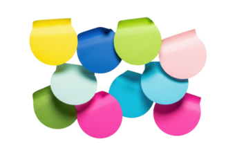 Eight vibrant die-cut circular adhesive notes scattering and floating dynamically against a transparent infinity background with soft drop shadows. concept of idea generation and creativity