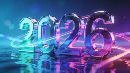 2026 chrome numbers on a futuristic neon background with glowing lines, representing the new year and future technology.