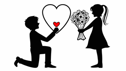 Man proposing to woman with bouquet of flowers in a romantic gesture
