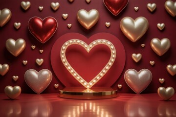 Fototapeta premium Romantic valentine's day heart decoration with stage podium and golden hearts and shiny neon heart decoration backdrop