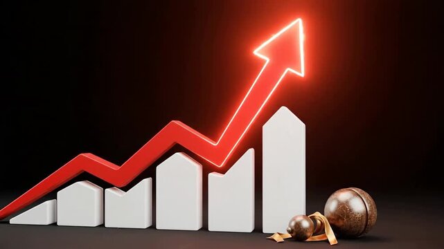 A red arrow moving upward over white columns with a metallic sphere and ribbon.