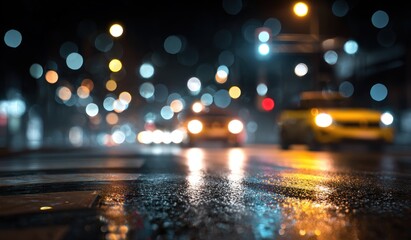 Fototapeta premium Night city street scene with bokeh lights and blurred traffic