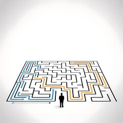 Man standing at the entrance of a complex maze with two possible paths highlighted