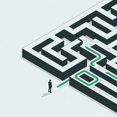 Man standing at the entrance of a complex maze with a green path leading through it