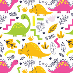 childish dinosaur seamless pattern for fashion clothes, fabric, t shirts. hand drawn vector with lettering.
