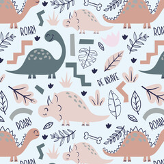 childish dinosaur seamless pattern for fashion clothes, fabric, t shirts. hand drawn vector with lettering.
