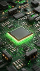 Close up of a central processing unit on a circuit board with green illumination