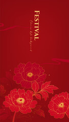 Red Chinese style festive poster with rich peony flower background