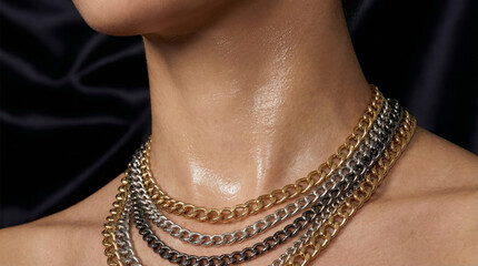 Close up of wet sweaty neck wearing multiple gold and silver chains