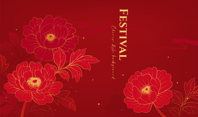 Red Chinese style festive banner with rich peony flower background