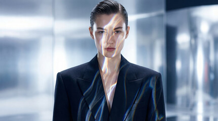 Businesswoman in a black suit with a prismatic rainbow light beam reflecting vertically on her face