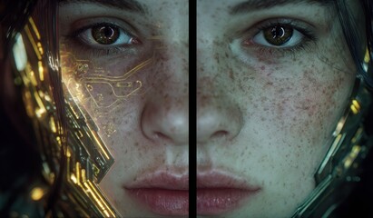 Dual portrait of a person with cybernetic enhancements and freckles