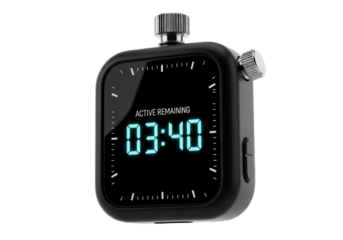 hyper-realistic cgi render of a floating matte black ceramic digital stopwatch. silver crown, cyan-blue '03:40' oled display, sharp rim light against a transparent studio background. concept of