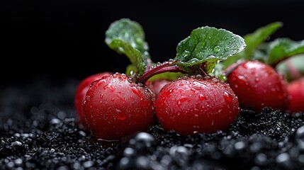 Close-up of vibrant red root vegetables with green leaves, glistening with water droplets, set against a dark textured background