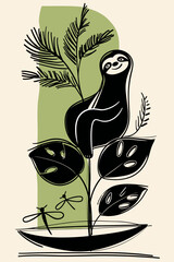 Charming Sloth Illustration Surrounded by Tropical Foliage