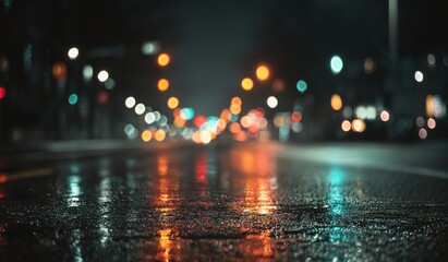 Night city street view with glowing lights and reflective surfaces