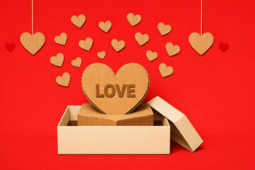 Cardboard Love Heart in Gift Box on Red Background