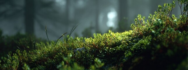 Close up of vibrant green moss in a misty forest environment