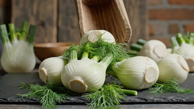 Fresh fennel bulbs and green fronds spilling from a wooden scoop onto a black slate surface for cooking preparation