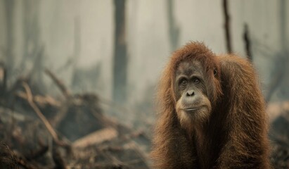 Orangutan in a distressed environment facing the camera with soft lighting