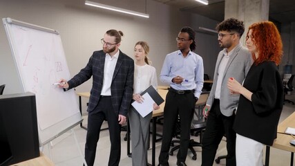 Diverse multinational business team collaborating during presentation, manager explaining strategy on whiteboard to colleagues in modern office - Powered by Adobe