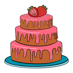 Cute Pink Strawberry Cake Illustration, Sweet Dessert for Birthday and Celebration