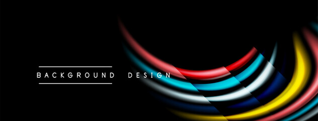 Abstract colorful lines over black background. Modern design elements create dynamic visual effect. Simple text labels present bottom corner.