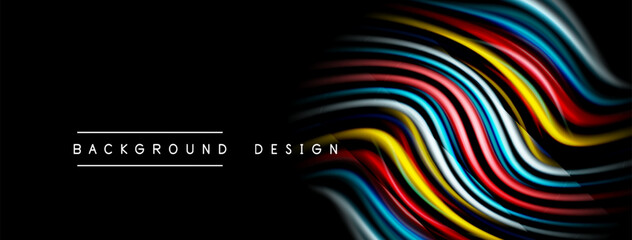 Abstract colorful waves over black backdrop. Modern design elements create dynamic visual impact. Simple text labels bottom corners.