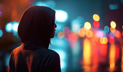 Silhouette of a person in hood staring into night city lights