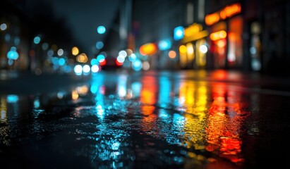 Night city street scene with reflections of lights and water puddle
