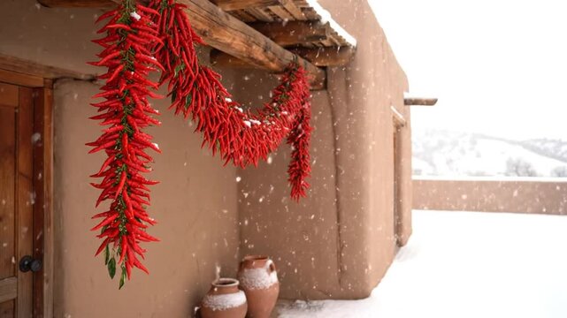 Snow falling on vibrant red chile ristras adorning the porch of a traditional adobe home during a winter storm