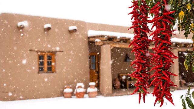 Snowy Scene of New Mexico Pueblo House with Ristras of Red Chili Peppers, Winter Landscape