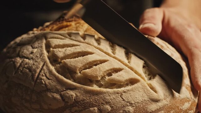 Hands skillfully carve intricate patterns into a freshly baked loaf of bread in a warm kitchen. The aroma fills the air, creating a sense of comfort and creativity.