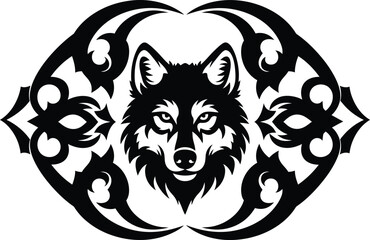 Fototapeta premium Wolf head vector illustration with tribal frame and ornate decorative border for tattoo design and mascot logos in black and white style.
