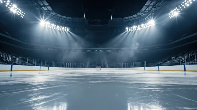 Beautiful high contrast shot capturing the dramatic atmospheric glow of powerful stadium floodlights reflecting off the freshly resurfaced ice rink at midnight rink, zamboni tracks, white light