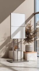 Modern signboard with copy space standing indoors with natural lighting