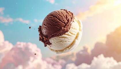 A surreal floating vanilla and chocolate ice cream scoop levitating in a fantasy background. sweet