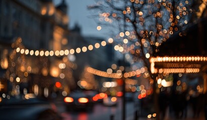 Evening city street scene illuminated with festive string lights