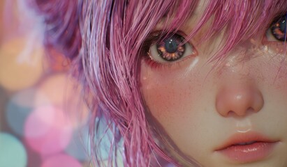 Close up portrait of a person with pink hair and bright eyes bokeh background