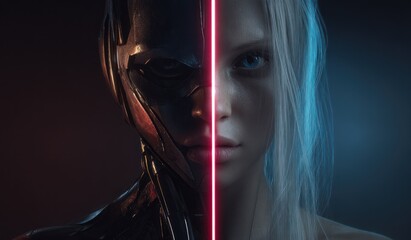 Dual portrait of human and cybernetic being split by a glowing line