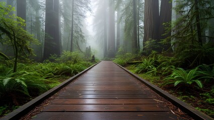 A wooden boardwalk leads through a misty forest of towering trees and lush green ferns, creating a peaceful and atmospheric nature trail in the fog.