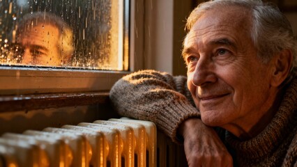 An elderly man gazes out a rain-streaked window, lost in thought as warm sunlight filters through. The cozy room has a tranquil atmosphere, perfect for quiet reflection.