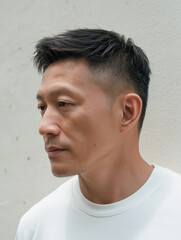 Side profile of a rugged middle-aged Asian man with short hair and stubble wearing a white t-shirt, natural lifestyle concept