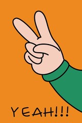 Victory hand sign as typographic icon. Hand showing two finger. Sticker. Peace sign. Vector illustration