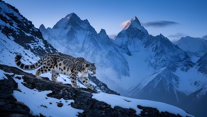 A snow leopard moves silently across rocky, snow-covered mountain slopes at dawn, its spotted fur blending with the cold wilderness and dramatic alpine peaks in the distance.
