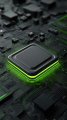 Close up of a central processing unit with glowing green light and circuits