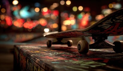 Skateboard resting on a textured surface with out of focus background lights