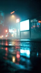 Night city street scene illuminated with vibrant neon reflections and lights